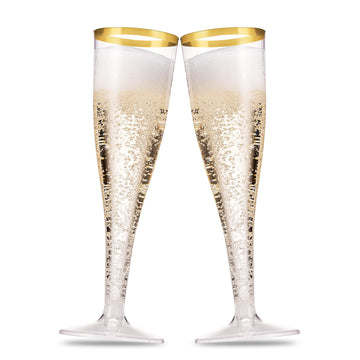 Munfix 100 Pack Gold Plastic Champagne Flutes, 5 Oz Clear Plastic Toasting Glasses Fancy Disposable Wedding Party Cocktail Cups with Gold Rim