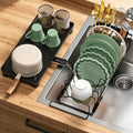 masadi Small Dish Drying Rack - Expandable Sink Dish Drying Rack Over Sinks with Drying Tray, Dish Drainer for Kitchen Counter with Adjustable Cutlery Holder, Space-Saving for Small Kitchens, Black