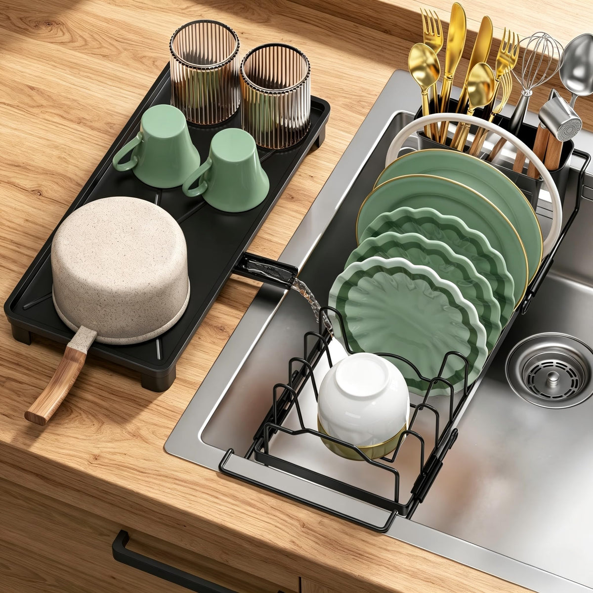 masadi Small Dish Drying Rack - Expandable Sink Dish Drying Rack Over Sinks with Drying Tray, Dish Drainer for Kitchen Counter with Adjustable Cutlery Holder, Space-Saving for Small Kitchens, Black