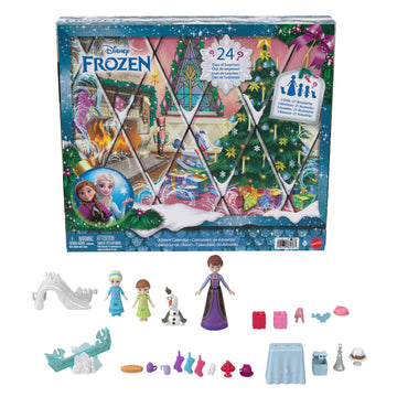 Mattel Disney Frozen Young Anna & Elsa Small Doll Advent Calendar with 24 Days of Surprises, Including Olaf Figure, Queen Iduna Doll, Seesaw & Slide