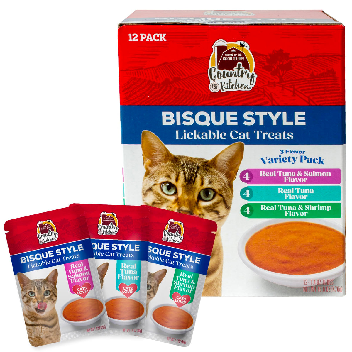 Country Kitchen, Bisque Style Lickable Cat Treats, 3 Flavor Variety Pack, Made with Real Tuna, Shrimp and Salmon, 5 oz. Tubes, 12 Count