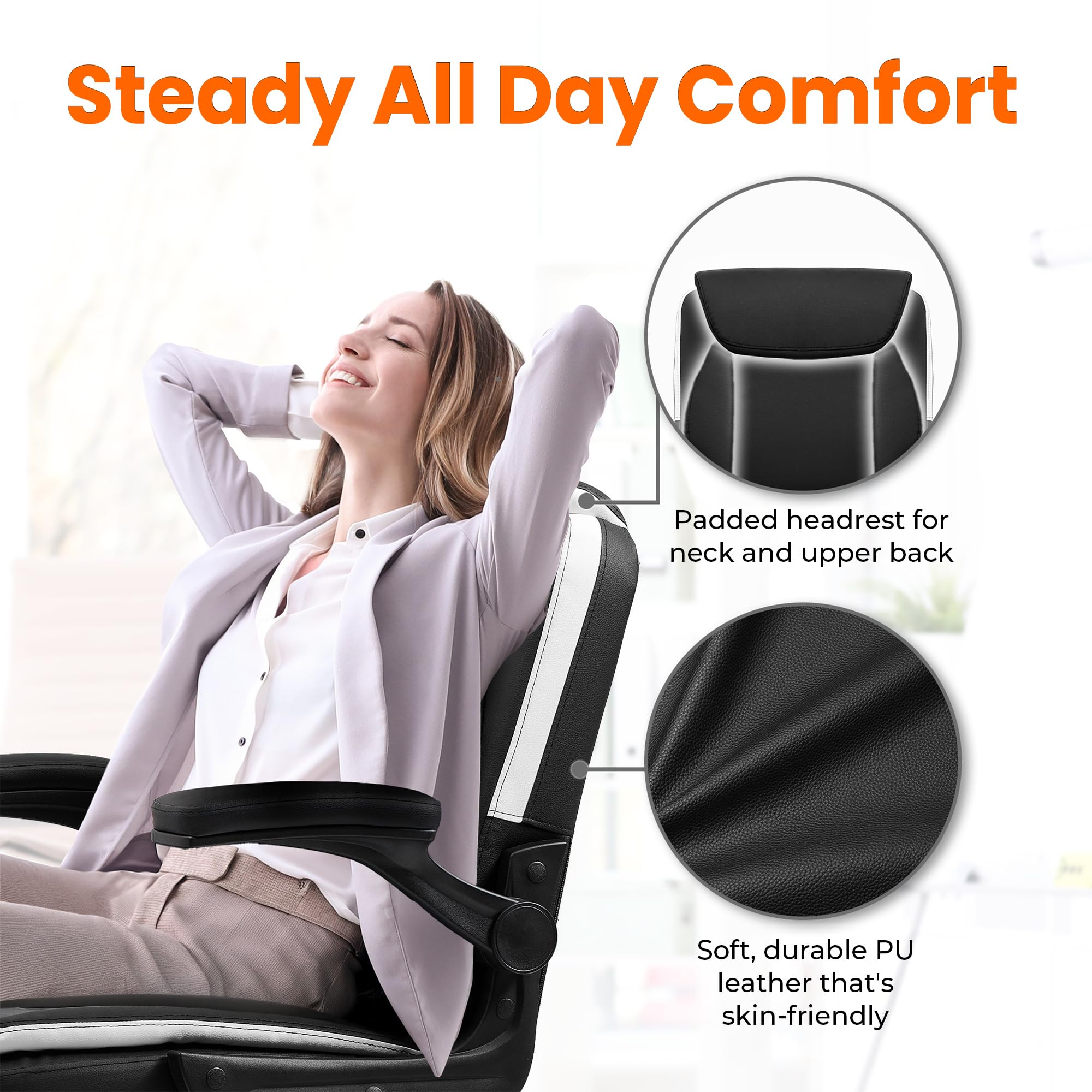 Neo Chair Pu Leather Office Desk Chair with Adjustable Arms, Black White