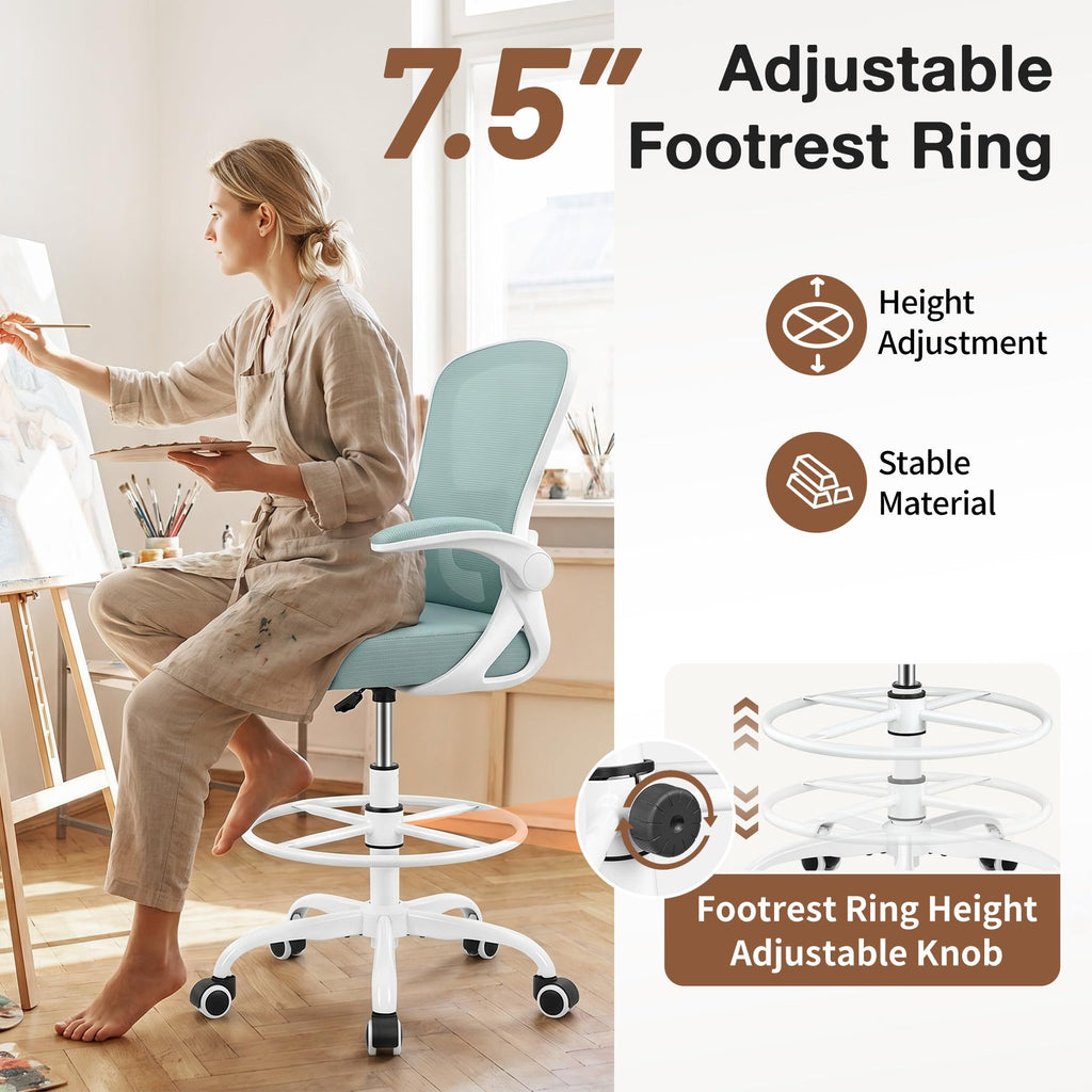 Finati Drafting Chair, Tall Office Chair for Standing Desk with Flip-up Armrests, Adjustable Foot Ring & Lumbar Support, Breathable Mesh High