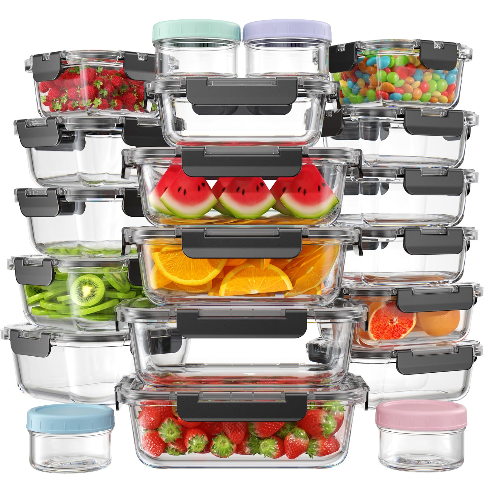 KEMETHY 40 PCS Glass Food Storage Containers with Lids(20 Container & 20 Lid), Borosilicate Glass Meal Prep Containers for Kitchen Storage and Organization, BPA-Free, Leak Proof, Reusable