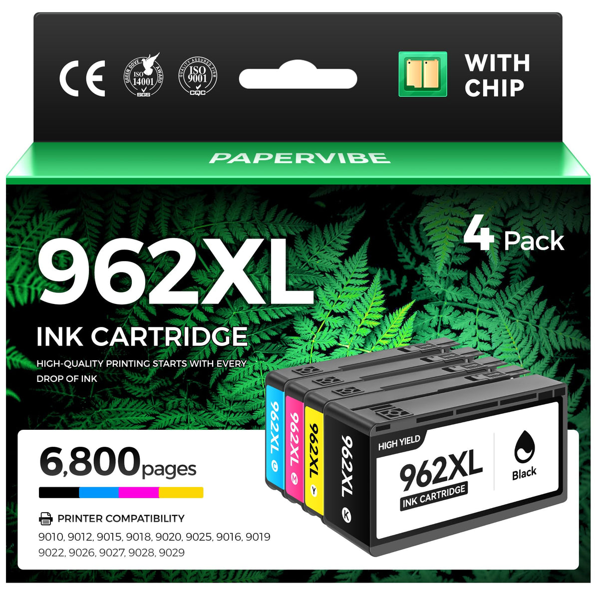 962XL Ink Cartridge 4-Pack High Yield Compatible Replacement for HP 962XL 962 Ink Work with HP OfficeJet Pro 9010 9012 9014 9015e 9016 9018 9019 9020 9022 9025 9028e Printers Black Cyan Magenta Yellow