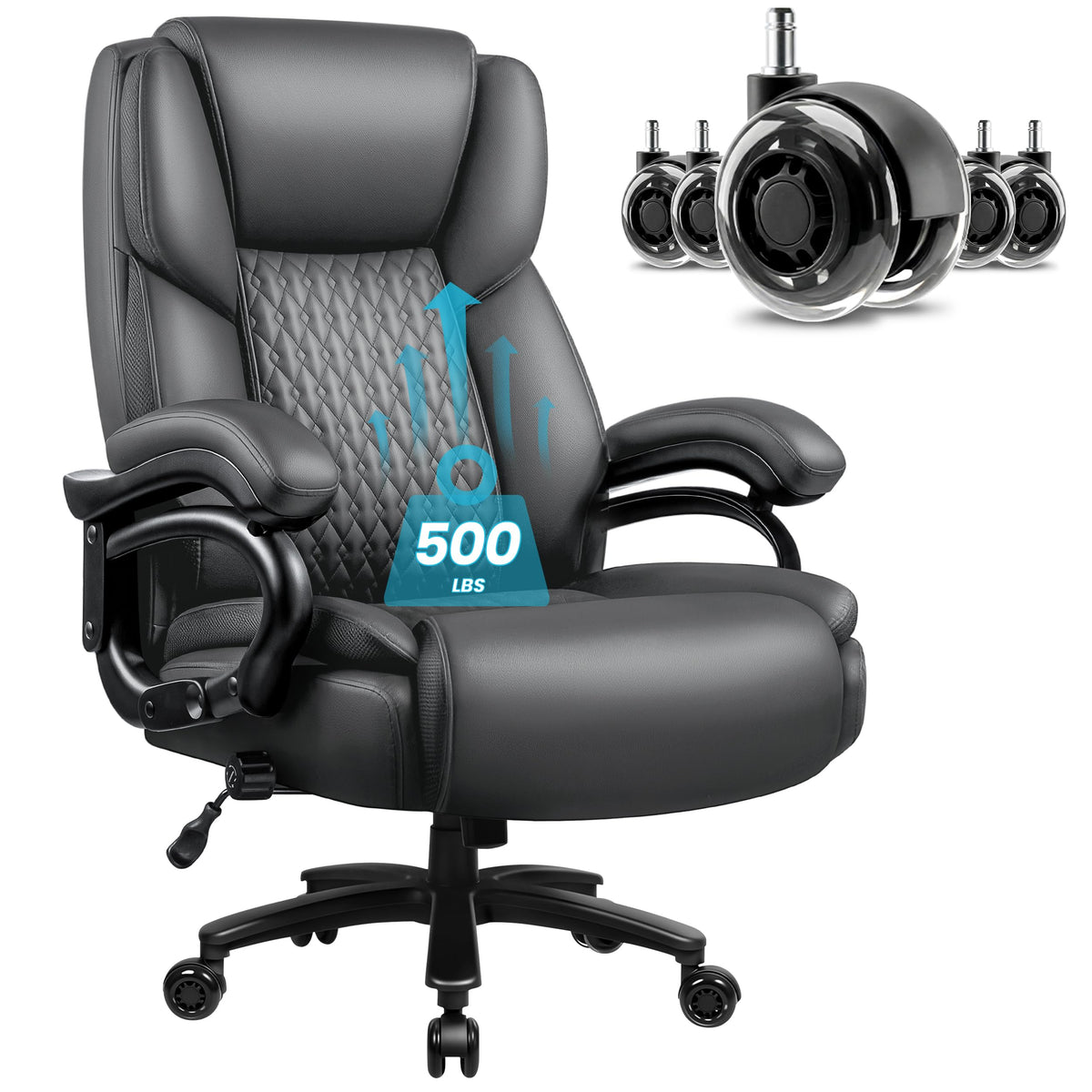 Big and Tall Office Chair 500lbs with Lumbar Support, Ergonomic Heavy Duty Black Office Chair, Leather Office Executive Chair with Quiet Rubber