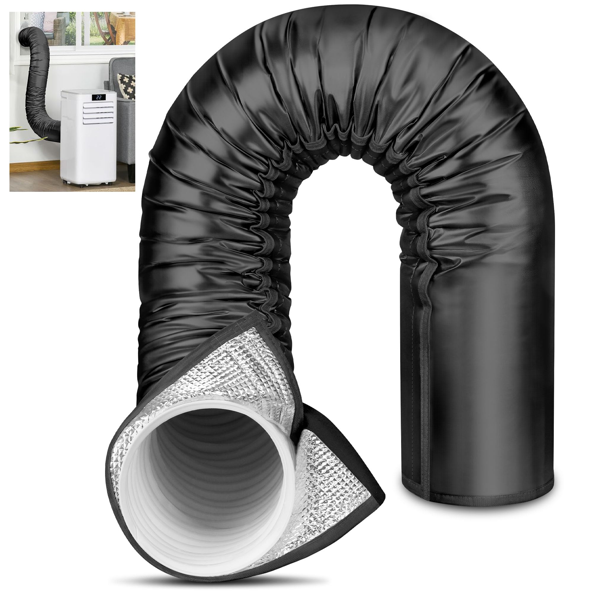 Upgraded Portable AC Hose Insulation Sleeve, 3 Layers Thick Insulated Air Conditioner Hose Cover Wrap with Aluminum Foil, Reduce Heat & Improve Cooling Efficiency, Fits 5" & 5.9" Exhaust Hose, Black