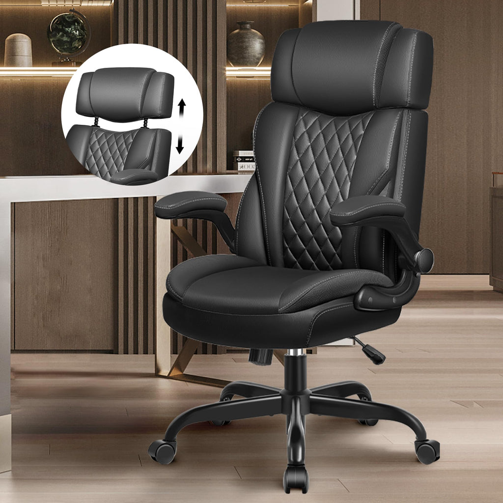 Office Chair Flip Up Arms, Executive Leather Office Chair Ergonomic Desk Chair with Lumbar Support, Adjustable Headrest, Computer Chair Home
