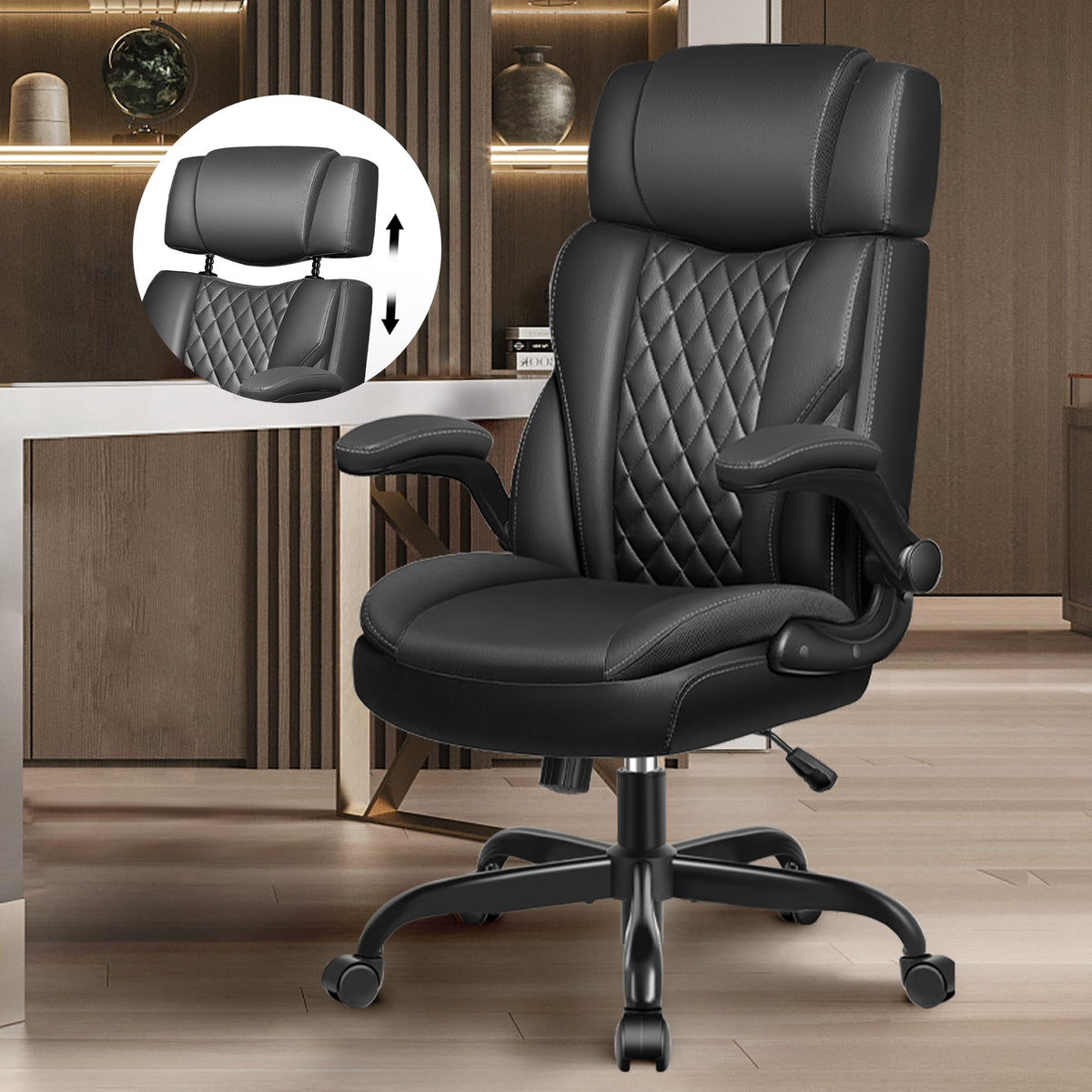 Office Chair Flip Up Arms, Executive Leather Office Chair Ergonomic Desk Chair with Lumbar Support, Adjustable Headrest, Computer Chair Home
