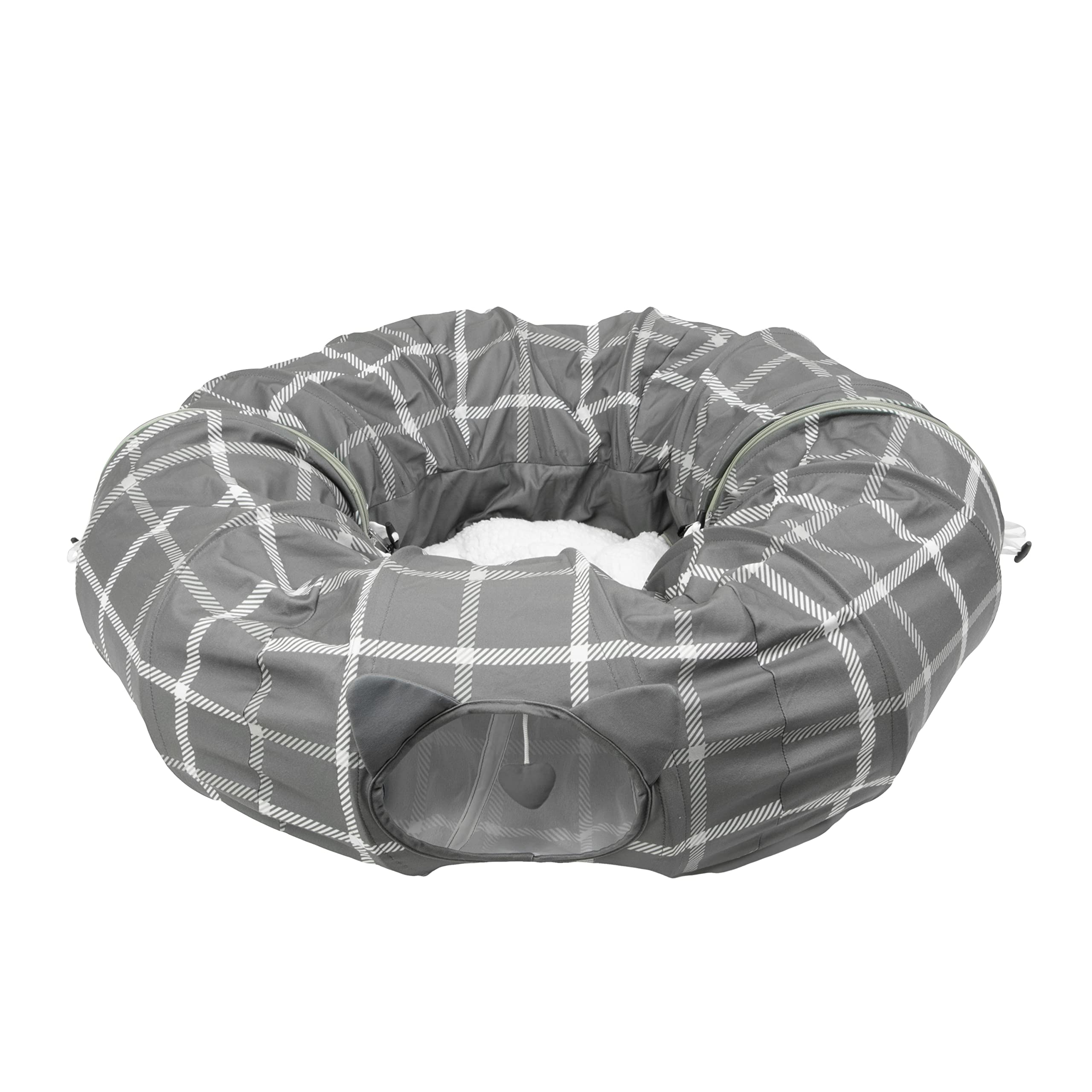 Kitty City Large Cat Tunnel Bed, 2-in-1 Zip-Together Cat Play Tunnel & Plush Nap Bed, Pop-Up Indoor Cat Toy with Hanging Toys, Collapsible Design - Grey