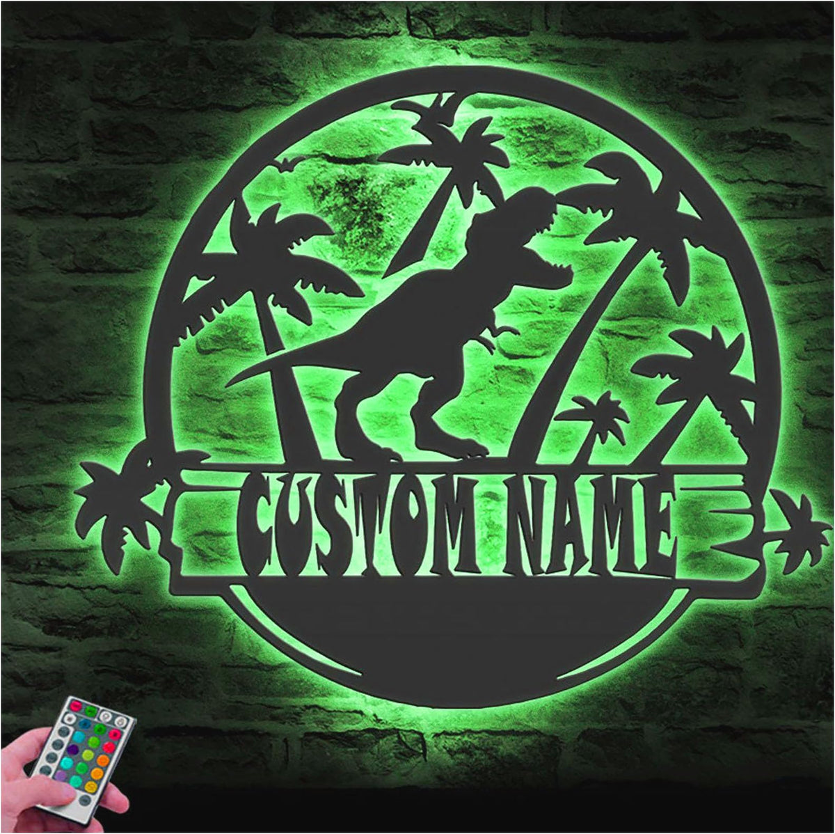 Custom Name T-Rex Dinosaur Metal Sign Wall with LED Light – Personalized Dino Name Wall Decor for Kids Room, Nursery, Xmas Gift