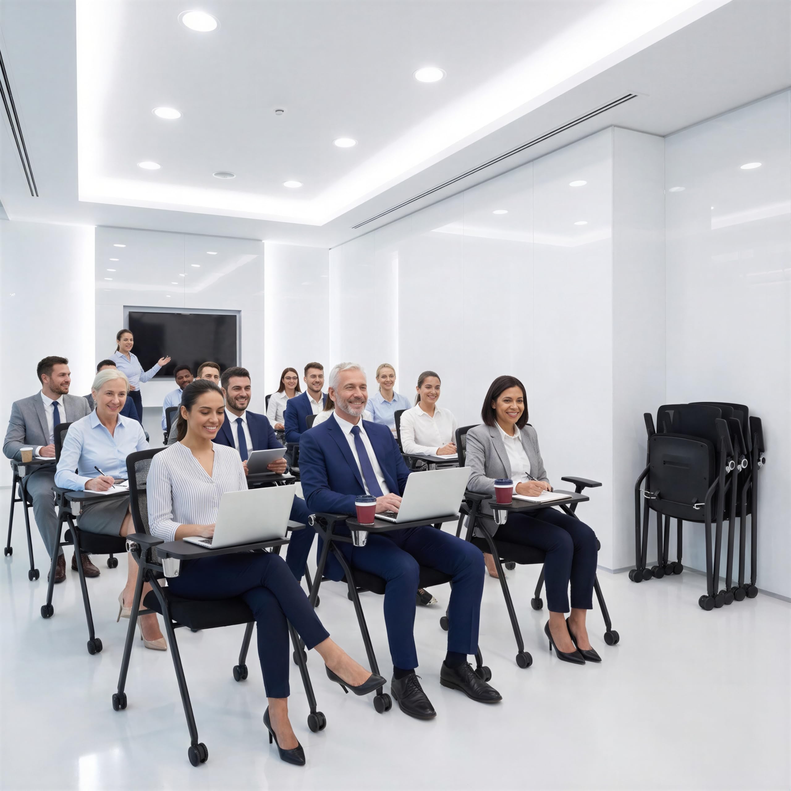 Blaneduo Updated Conference Room Chairs with Tablet Arm, Folding Office Desk Chair with Lumbar Support and Sliding Armrest with Casters,