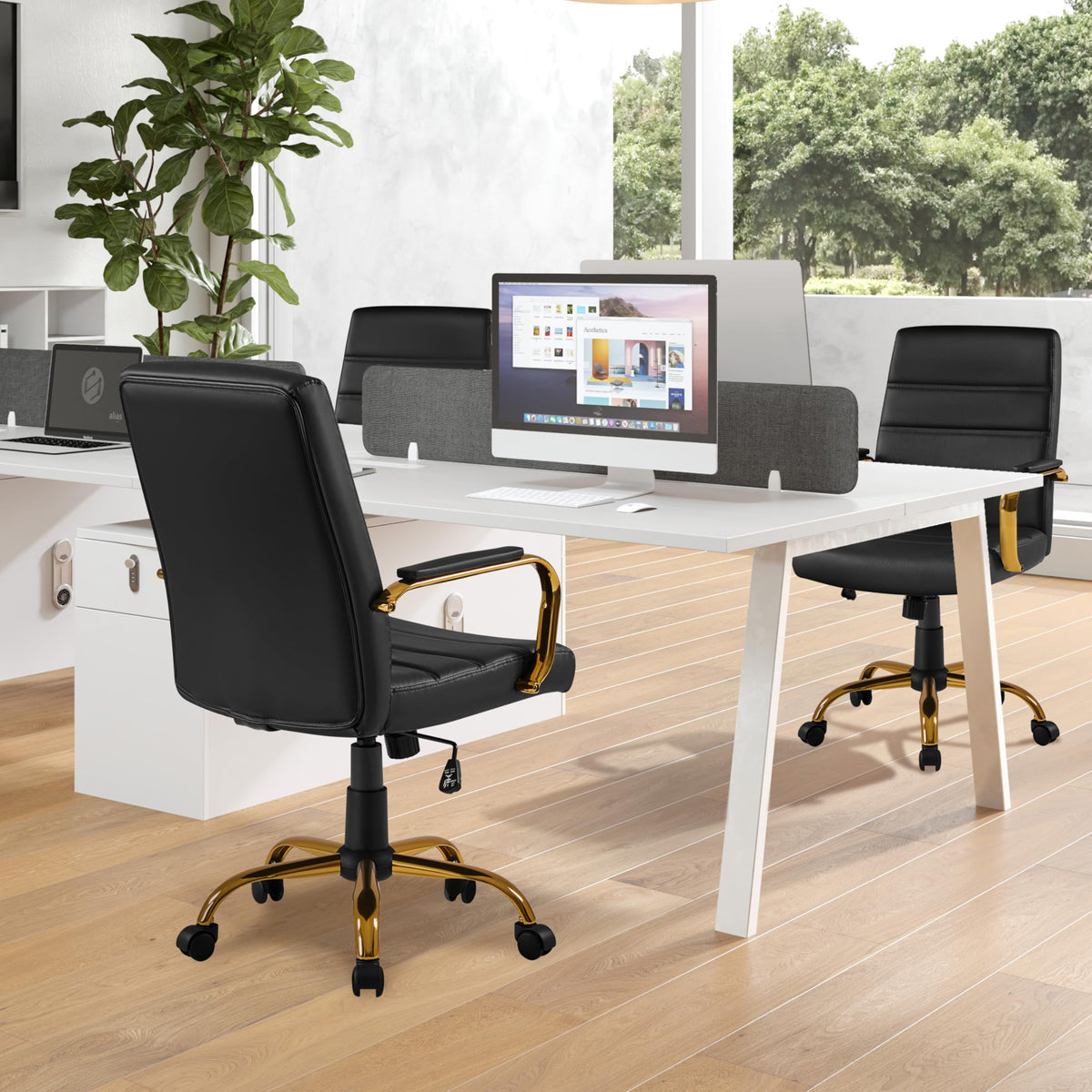 Yaheetech Black and Gold Office Chair Mid Back Pu Leather Rocking Desk Seat, 24? W × 25? D × (38-41.5)? H
