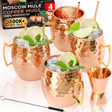 Benicci Moscow Mule Copper Mugs - Set of 4-100% HANDCRAFTED - Food Safe Pure Solid Copper Mugs - 16 oz Christmas Gift Set with Premium Quality Cocktail Straws and Jigger!