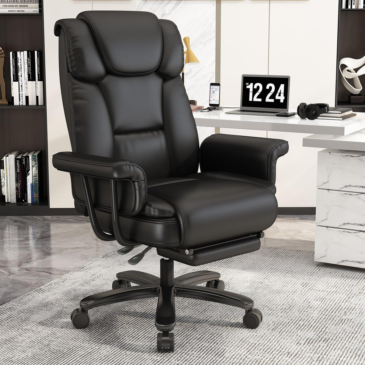 Gyi 160° Reclining Office Chair with Footrest, Big and Tall High Back Home Office Chair, Leather Computer Desk Chair with Cross Legged Seat,