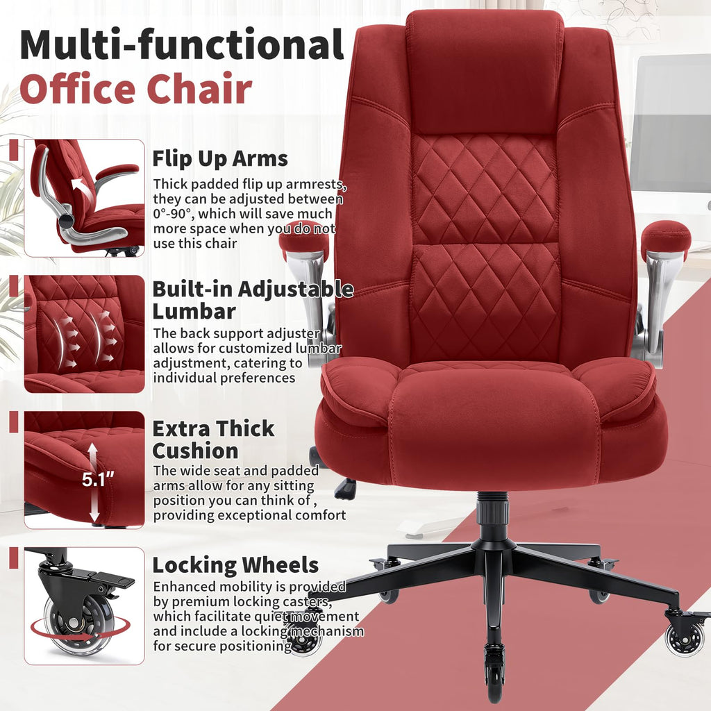 Fabric High Back Office Chair, Thick Padded Ergonomic Computer Desk Chair, Large, Burgundy