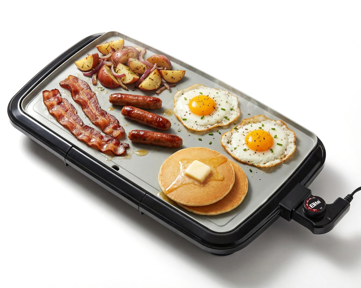Elite Gourmet 10" x 20", Electric Griddle, Large PFAS-Free Ceralast™ Ceramic Non-Stick Surface Cool-touch Handles, Removable/Adjustable Thermostat, Easy to Clean Removable Grease Tray, Black/Grey
