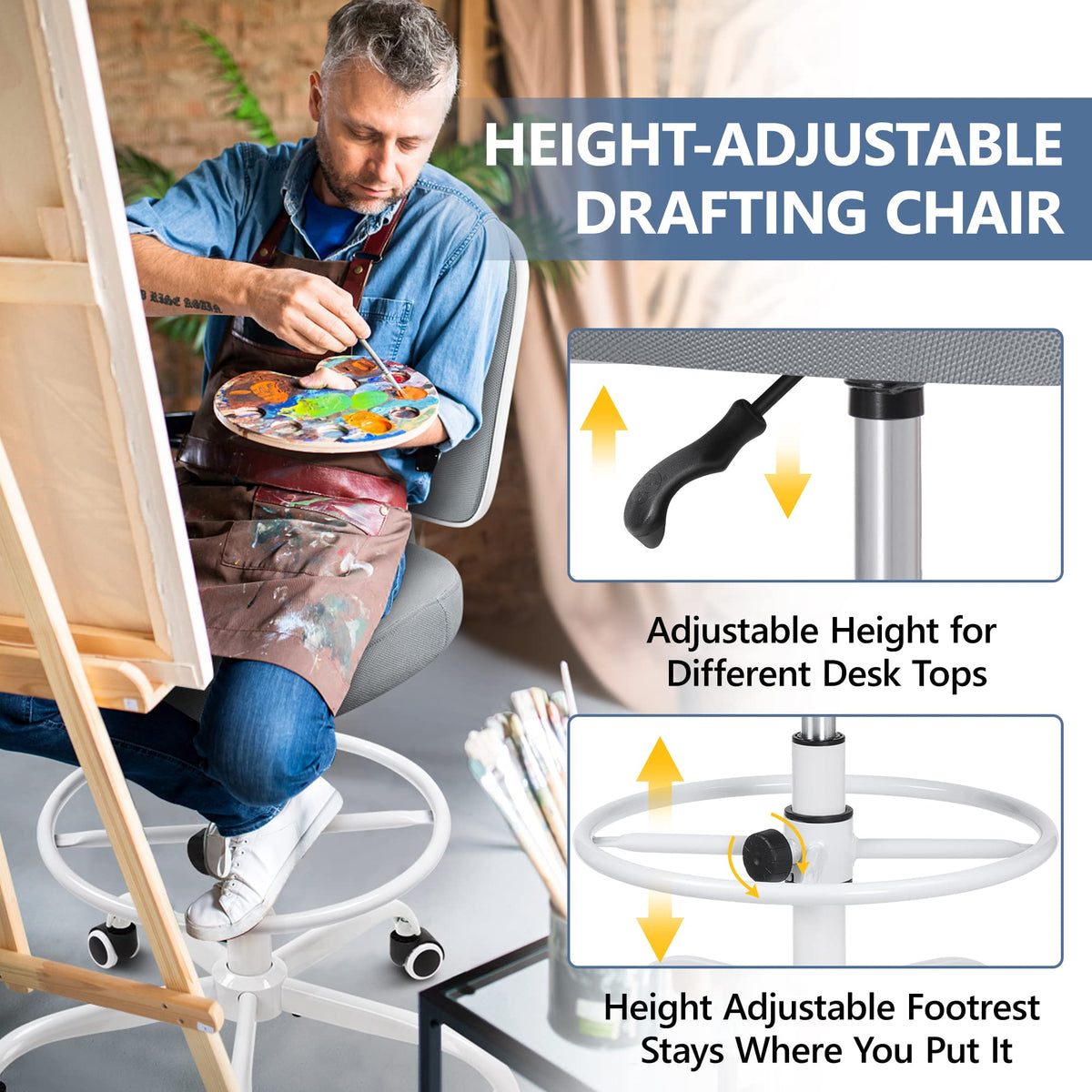 Primy Armless Tall Desk Chair, Adjustable Height and Footring, Mid-back Ergonomic Standing Desk Chair Mesh Rolling Tall Chair for Art Room,
