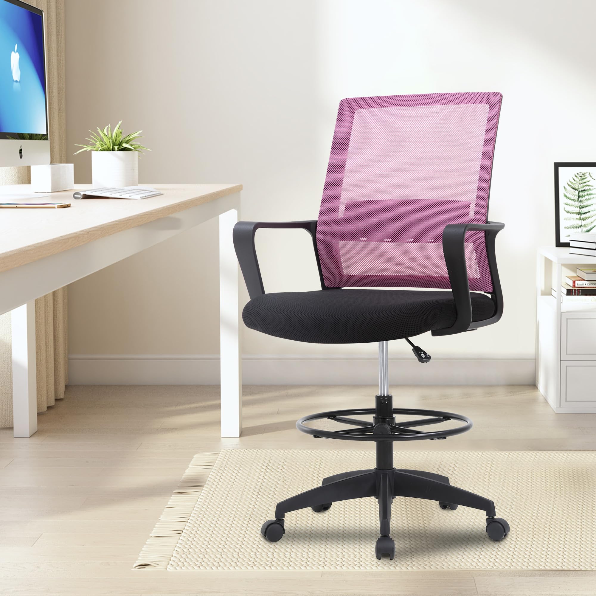 Paylesshere | Drafting Chair | Pink | Tall Office Chair with Adjustable Seat Height & Footrest, Ergonomic Mesh Back, Lumbar Support, 360 Degree