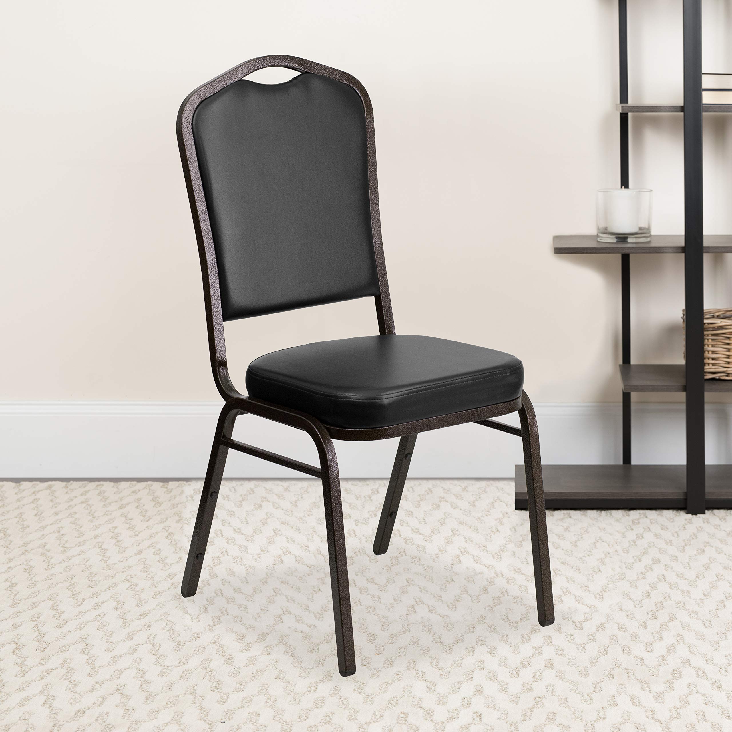 Flash Furniture Hercules Crown Back Stackable Banquet Chair, Black, 4-pack, Set of 4, Black Vinyl/gold Vein Frame
