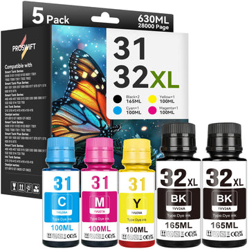 31 32XL Ink Bottle Set Smart Tank 7602 6001 Ink Refill Compatible with HP 31 Ink 32XL Black Ink Bottle Set for Smart Tank 7602 5101 5000 651 5103 6001 7301 7001 7302 5102 7002 7006 Printer