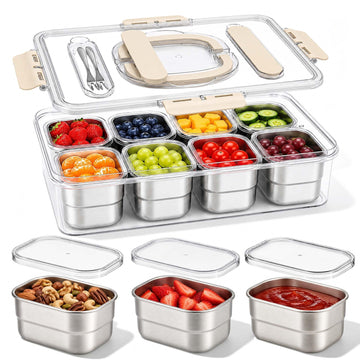 Stainless Steel Snackle Box Container,Dishwasher Safe Snack Box with 8 Removable 304 Stainless Steel Inner Trays,4 Built-in Fruit Forks & Handle,Portable Divided Serving Food Tray for Travel Picnic