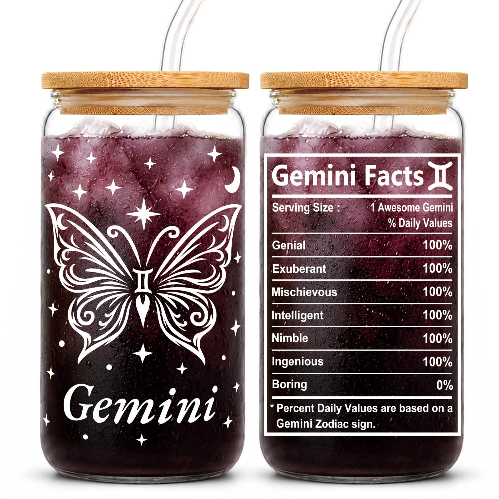Gemini Birthday Gifts for Women - 16oz Gemini Zodiac Glass Cup - Astrology Coffee Mug for Her - Constellation Tumbler for Coworker - Horoscope Gifts for Friend