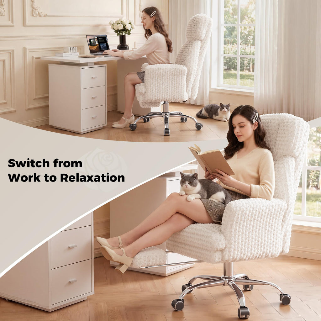 Big and Tall Office Chair, Flip Armrests for Pets & Cross Legged Sitting, White Rose Velvet