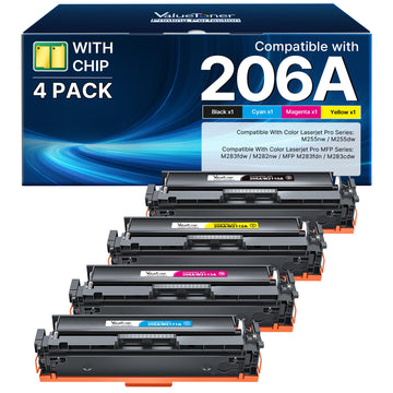 206A Toner Cartridge 4 Pack - M283fdw M283cdw Compatible Replacement for HP 206A 206X, Works with HP Color LaserJet Pro MFP M283fdw M283cdw M255dw M282 M283 M255 | W2110A (Black Cyan Yellow Magenta)