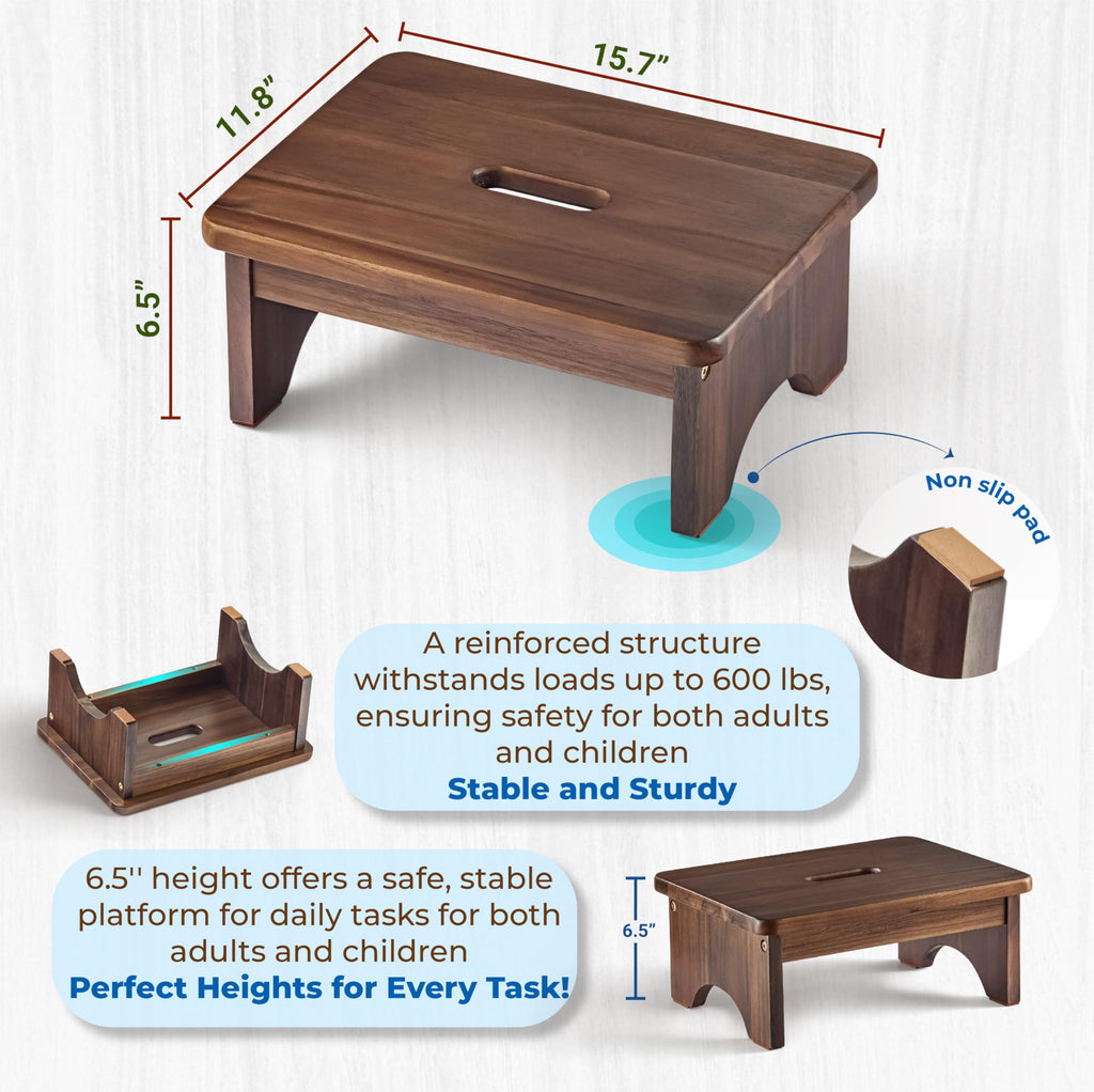 Fanatu Wooden Step Stool, 6.5'' One Step Stool for Adults, 550 Lbs Capacity, 6.5in Height, Rich Walnut