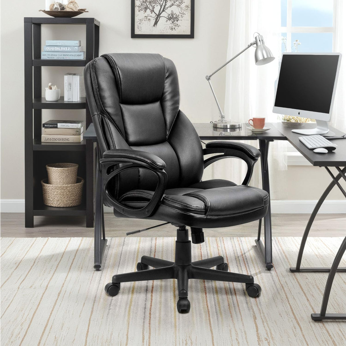 Furmax Office Executive Chair High Back Adjustable Managerial Home Desk Chair, Swivel Computer Pu Leather Chair with Lumbar Support (1, Black)