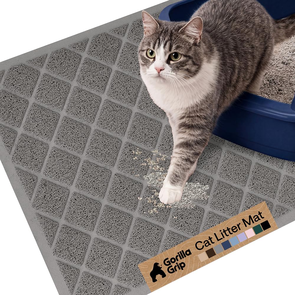 GORILLA GRIP Cat Litter Box Mat, Cushioned Coil Mesh Litter Trapping Mats, Scatter Control Supplies for Less Mess, Phthalate Free, Ultra Deep Catch Grooves, Rinse or Vacuum to Clean, 24x17 Gray