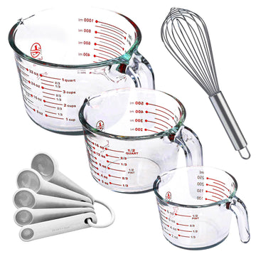 Le'raze Set of 3 Glass Measuring Cups with Measuring Spoons & Whisk - Kitchen Mixing Bowl Liquid Measure Cup, Glass Bakeware. 1 cup, 2 cup, 4 cup., Multi Size, Clear
