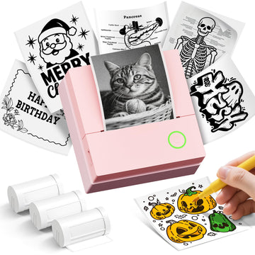 Sticker Printer, PM290C Portable Mini Printer, Inkless Bluetooth Sticker Maker with 3 Rolls Paper, Impresora Portátil for Notes, DIY, Gift, Smart AI APP, Print Pod for Office, Pink 1pack