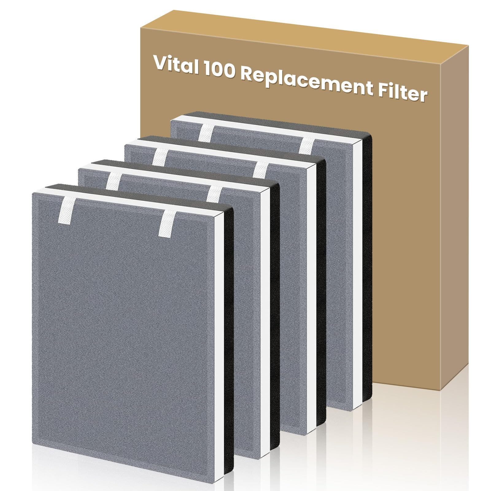 4 Pack Vital 100 Replacement Filter Compatible with Levoit Vital 100 Air Purifier, 3-in-1 H13 HEPA High-Efficiency Activated Carbon for Home Large Room, Part Vital 100-RF