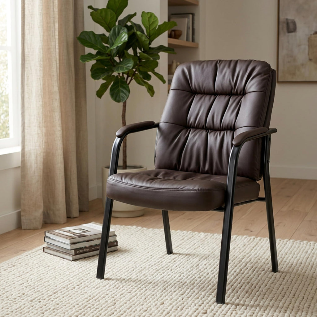 Simple Deluxe Office Waiting Room Guest Chair, Office Reception Lobby Pu Leather Chair No Wheels with Padded Armrest, Brown