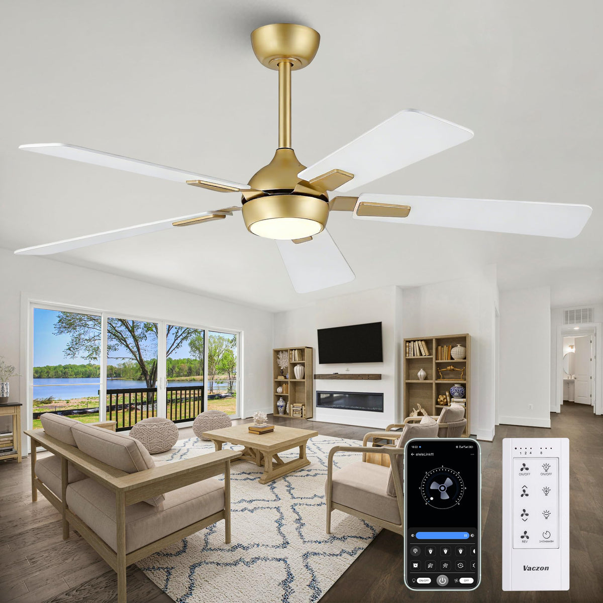 52" White Gold Ceiling Fan with Light and Remote, DC Motor Ceiling Fan with LED Light, 6-Speed Reversible, Dimmable 3CCT, Modern Ceiling Fan for Bedroom Living Room