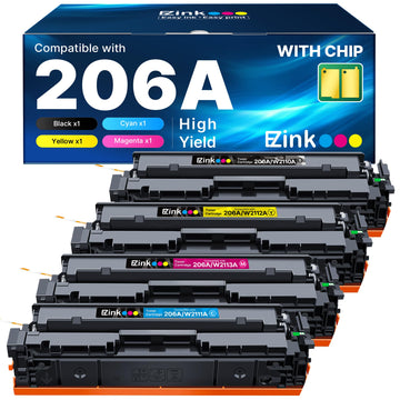 E-Z Ink Compatible 206A (with Chip) Replacement for HP 206A Toner Cartridges 4 Pack 206X to Use with Color Laserjet Pro MFP M283fdw M283cdw M283fdn M282nw Pro M255dw M255nw M283 M255 W2110A High Yield