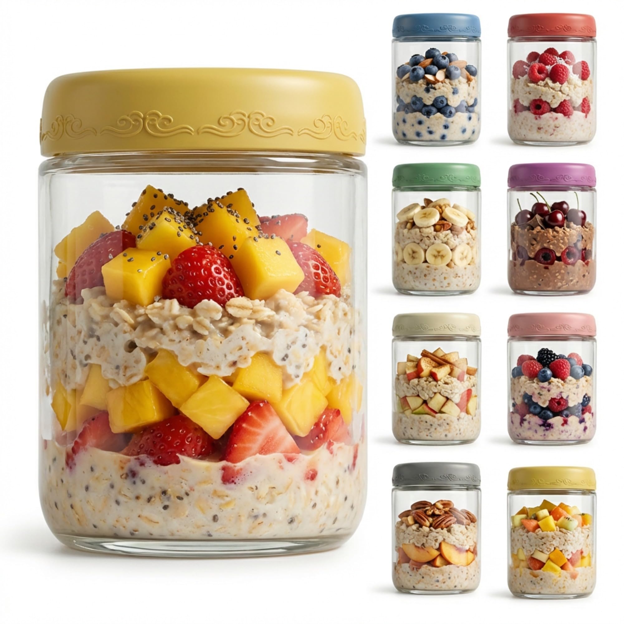 16oz 8Pack Glass Overnight Oats Jars Containers with Airtight Leakproof Lids, Reusable Mason Jars for Meal Prep, Yogurt Parfaits, Smoothies, Salads & Healthy Breakfast(16oz-8Pack)
