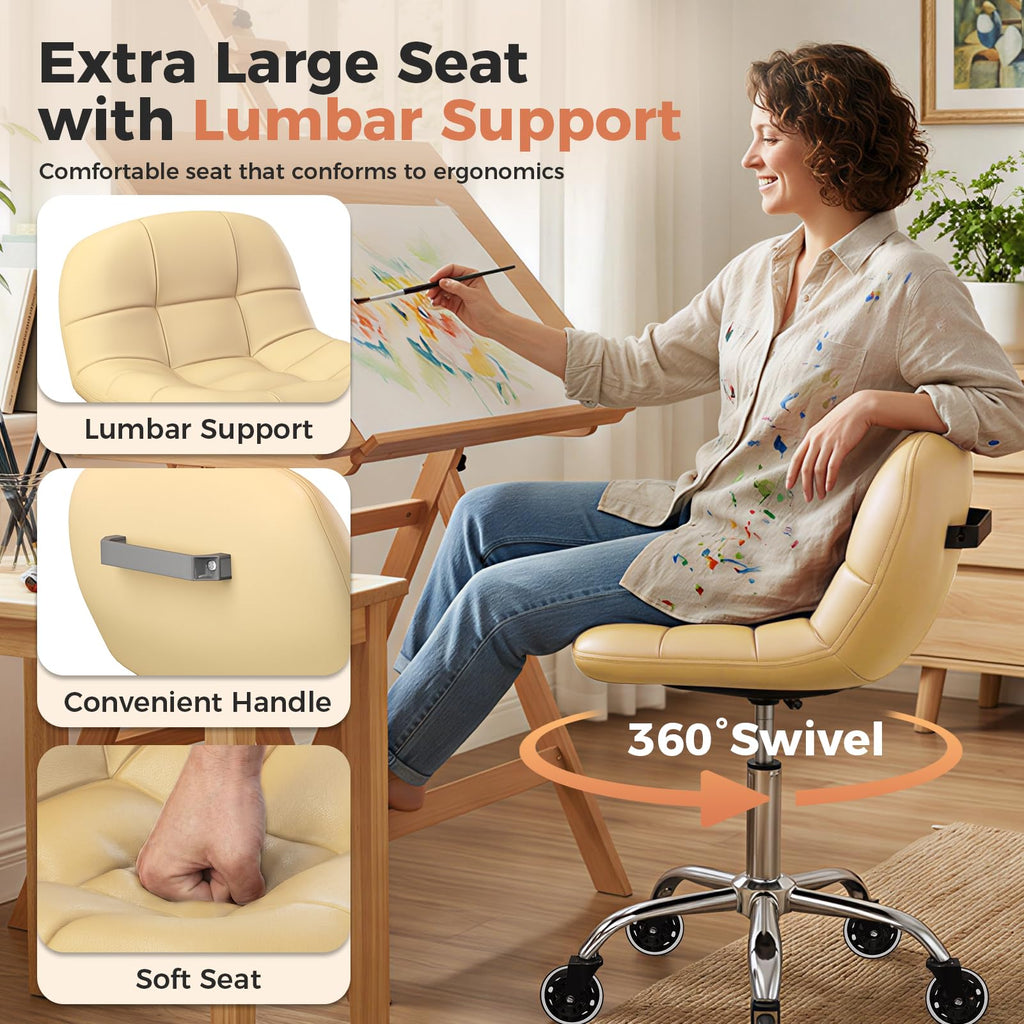 Rolling Stool Chair with Wheels, Height Adjustable Stool with Back Support, Office Drafting Chair with Pu Leather Cushion for Home Office