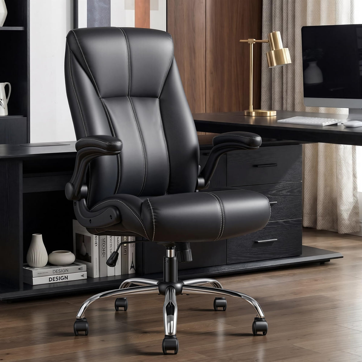 Big and Tall Office Chair for Heavy People, 400lbs High Back Extra Wide Executive Pu Leather Office Chair with Flip-up Armrests, Smooth Caster