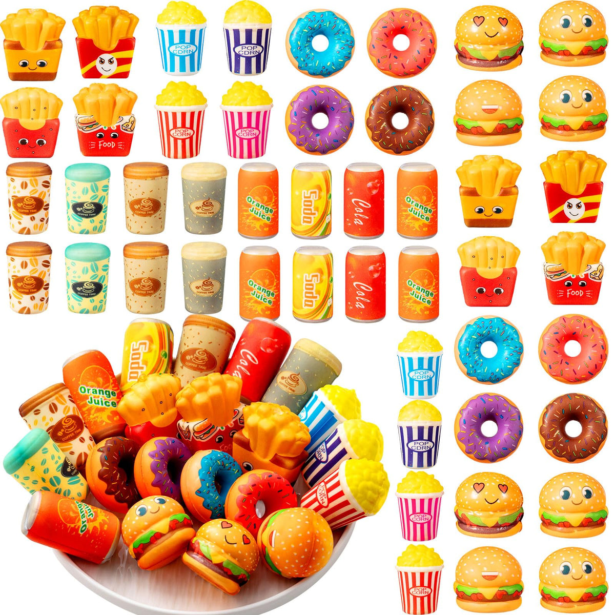 Leyndo 50 Pcs Mini Food Toys Bulk Kids Cute Slow Rising Food Party Favors Kawaii Hamburger Donut Soft Squeeze Sensory Fidget Stress Relief Gifts for Girls Boys Class Prize Goodie Bag Fillers
