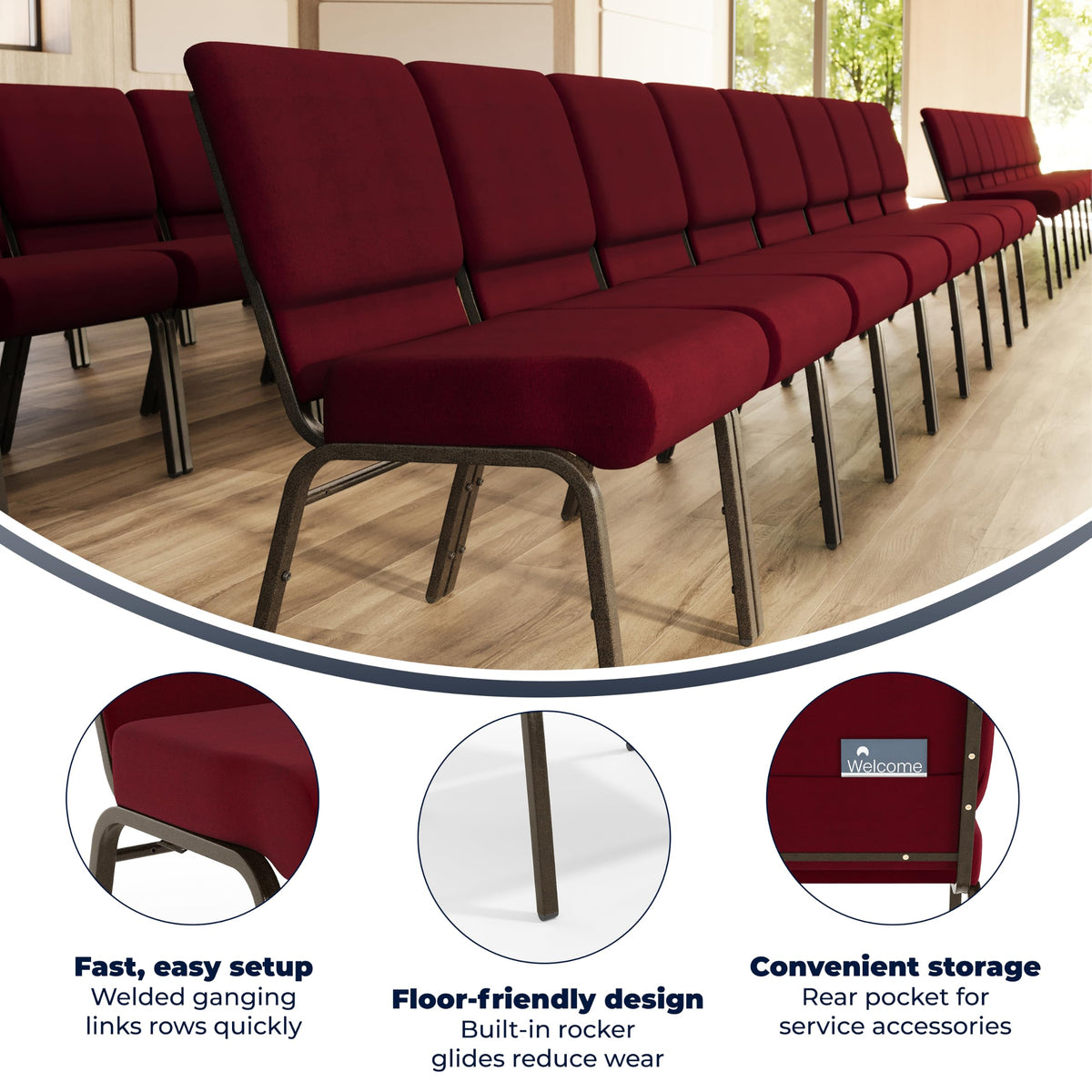 Flash Furniture Hercules Series 21''w Stacking Church Chair in Burgundy Fabric - Gold Vein Frame, Set of 1, Burgundy Fabric/gold Vein Frame