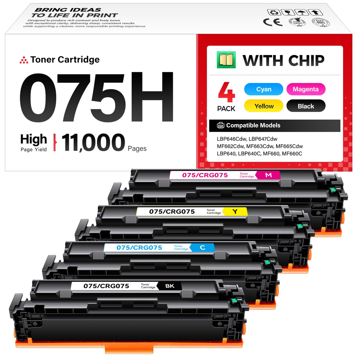075H Toner Cartridge 4-Pack High Yield with Chip Black Cyan Yellow Magenta Replacement for Canon 075 Compatible Color imageCLASS MF662Cdw MF663Cdw MF665Cdw LBP646Cdw LBP647Cdw MF660C LBP640C Printer