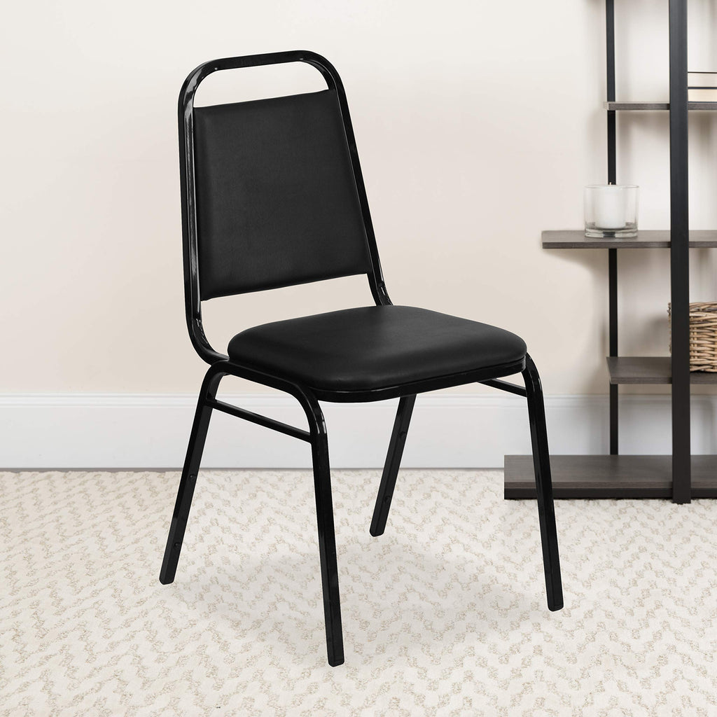 Emma + Oliver Black Vinyl Trapezoidal Back Stacking Banquet Chair, 17.5"W x 20.25"D x 34"H, Black Vinyl/black Frame