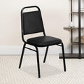 Emma + Oliver Black Vinyl Trapezoidal Back Stacking Banquet Chair, 17.5"W x 20.25"D x 34"H, Black Vinyl/black Frame