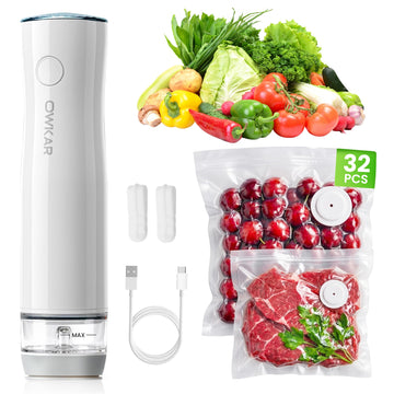 OWKAR Portable Handheld Vacuum Sealer for Food with 32 Reusable Bags, Compact & Powerful Food Vacuum Sealer with Visible Liquid Tank, Digital Display and 6X Freshness Lock for Meal Prep & Storage