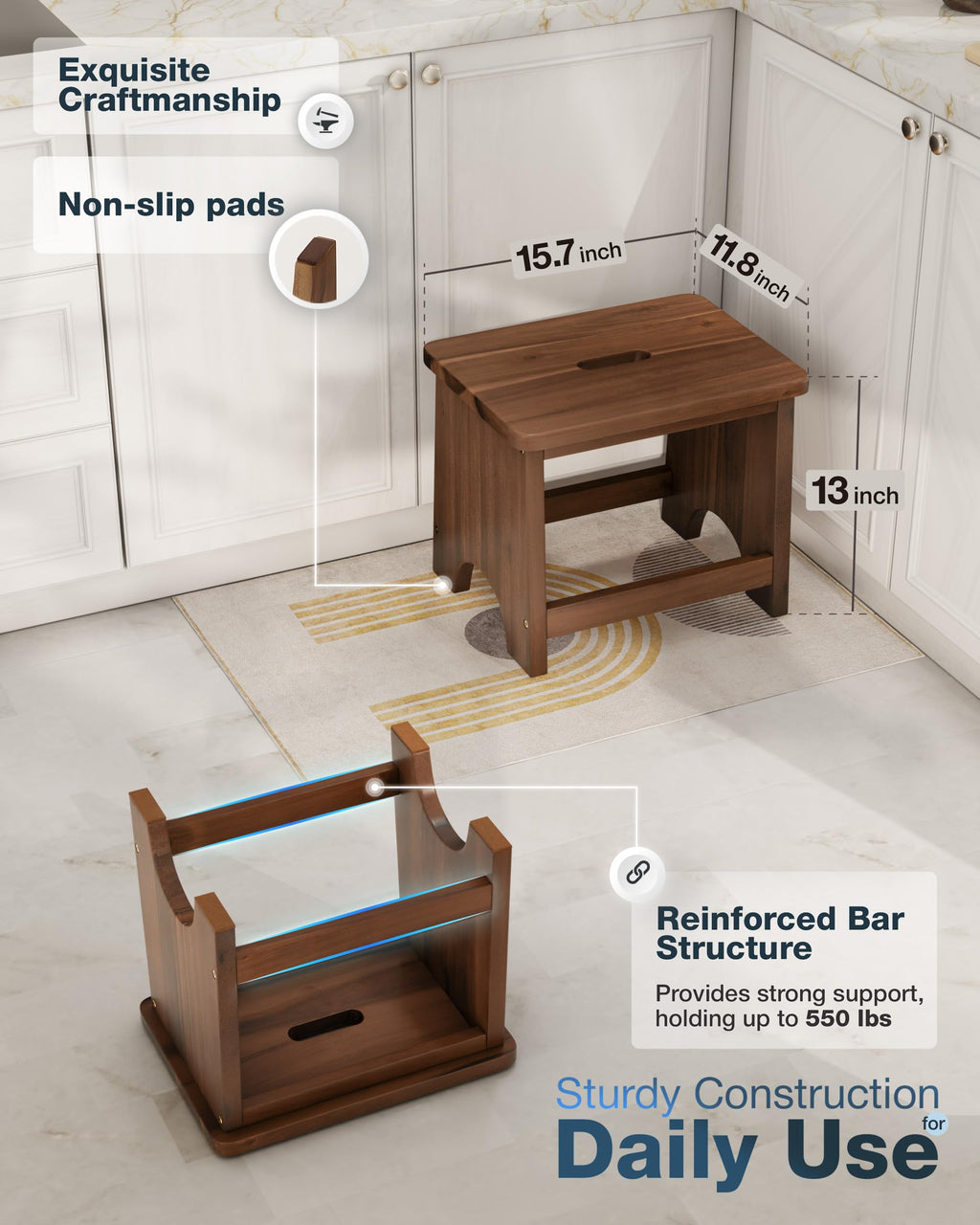 Fanatu 13'' Wooden Step Stool, One Step Stool for Adults, 550lbs Capacity, 13 inches, Rich Walnut