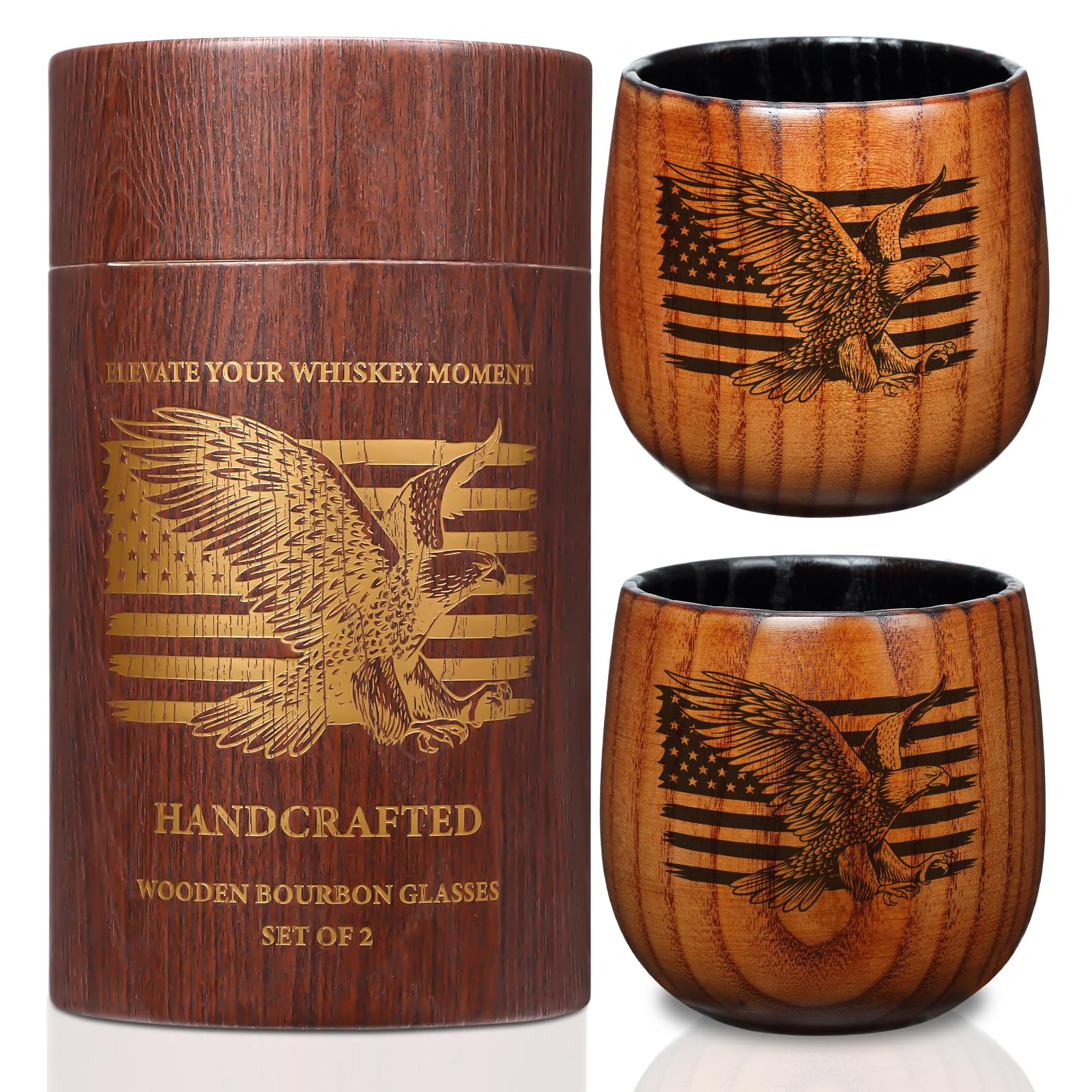 Premium Charred Wooden Bourbon Drinking Glass | 11oz Large Wooden Bourbon Glass | Charred Old Fashioned Glass | Whiskey Tumbler | Unique Whiskey Gifts for Men, Dad, or Brother (2 Pack)
