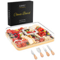 Portable Travel Charcuterie Board with Lid and Handle - Large Bamboo Cheese Board with 4 Cheese Knife Set for Outdoor, Picnics - Weddings, House Warming Gift for Women (6 Compartments, White)